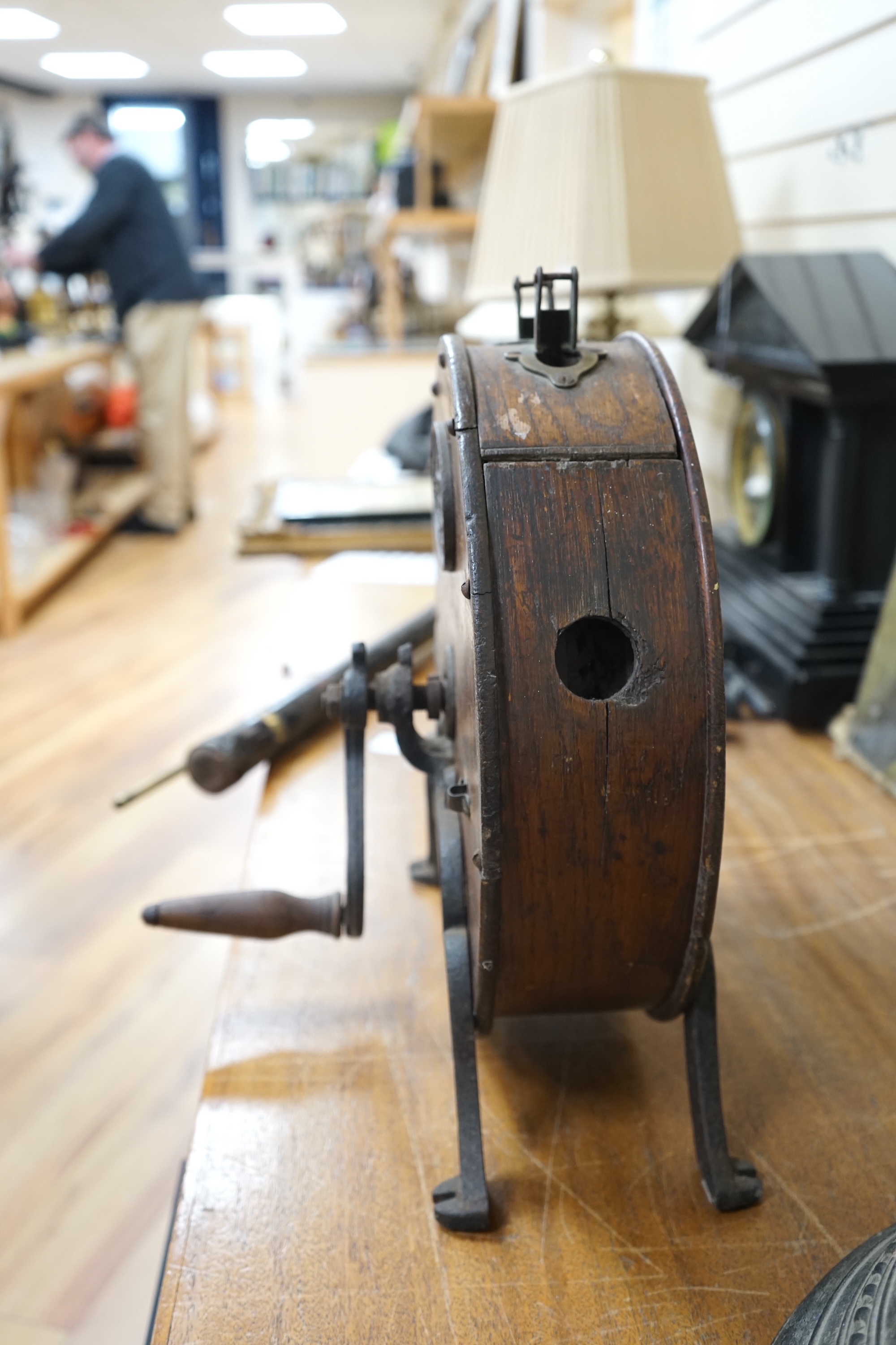 Knife Cleaner by CSSA Ltd 136-142 Queen Victoria Street, London, together with a Burroughes and Watts, London, snooker cue, in case, cue 147cm long (2). Condition - fair, tin snooker container rusty